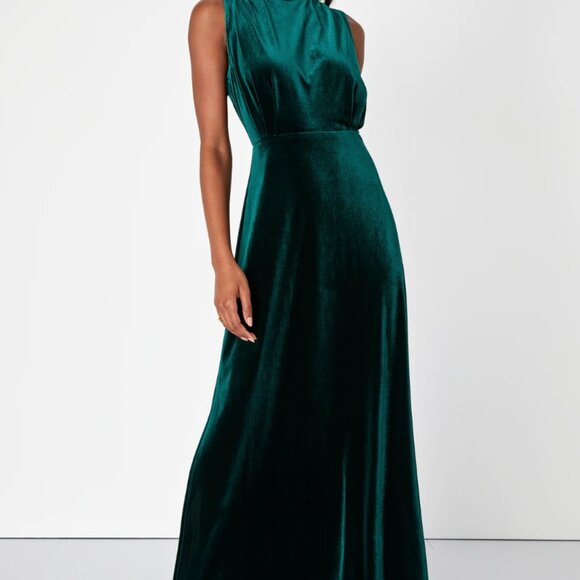 Lulus Classic Elegance Emerald Velvet Sleeveless Mock Neck Maxi Dress Green - Picture 3 of 5